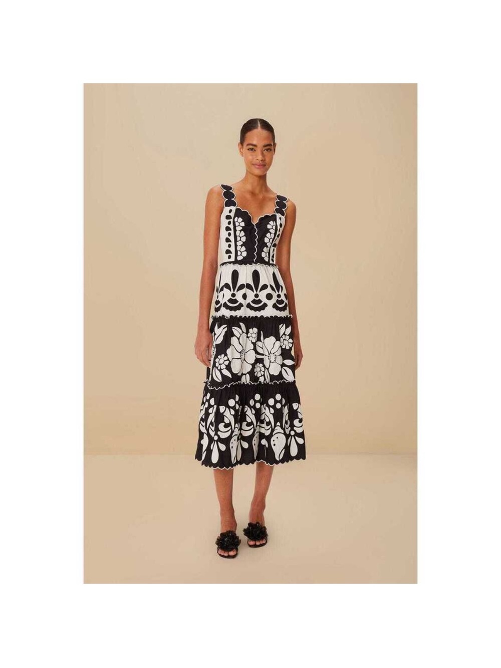 FARM Rio Black And White Summer Cutwork Organic Cotton Midi Dress Size XS
